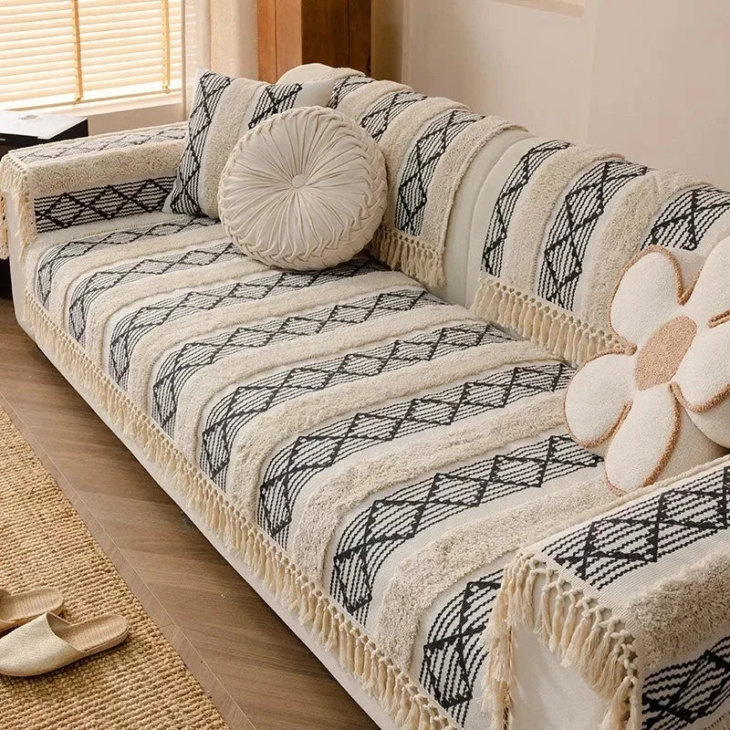 Capa de Sofá Estilo Boho em Algodão e Linho com Design 3D