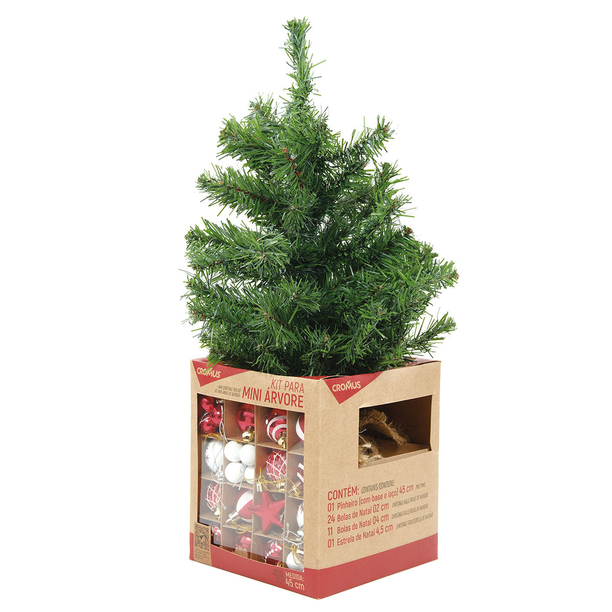 Árvore de Natal Verde 45cm com 36 Enfeites Vermelhos e Brancos |